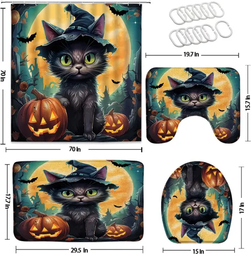 Vista 2 de Juego de 4 cortinas de ducha de gato negro para Halloween, otoño, calabaza, animales divertidos, sombrero mágico, feliz día festivo, día de todos
