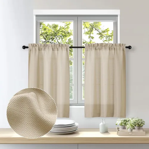 Vista 17 de OWENIE Bob Juego de 2 Paneles de Cortinas Negras de Cocina para Ventanas de 36 Pulgadas de Largo, Cortinas Cortas de Café con Textura de Lino