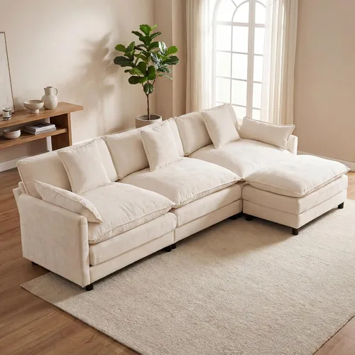 Vista 9 de Juego de sofá modular de 107 pulgadas con otomana, sofá convertible en forma de L, sofá de asiento profundo de felpilla de 3 plazas con almohadas