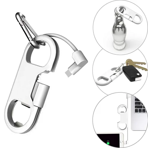 Vista 2 de Cable Lightning para carga de iPhone + llavero + abridor de botellas + mosquetón de aluminio, llavero portátil multifunción con abridor de botellas