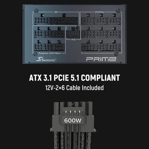 Vista 2 de Seasonic Prime TX-1300 1300W 80+ Titanium ATX 3.0 y PCIe 5.0 Ready Completamente Modular Factor de Forma ATX Condensador Japonés Premium