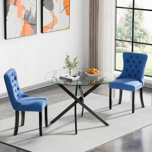Vista 29 de Juego de mesa de comedor SSLine moderno de 3 piezas con mesa redonda de vidrio para 2, lujosa mesa de comedor circular de 36" con tapa de vidrio