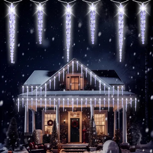 Vista 9 de luces de Navidad, 218 LED, 13.8 pies de luces de cortina de Navidad, decoraciones para balcones al aire libre con 12 gotas de estrellas