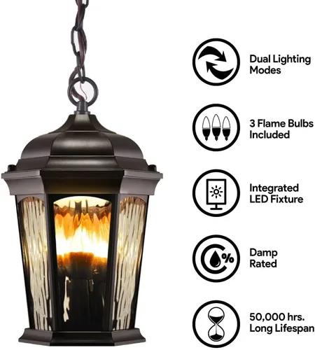 Vista 4 de Euri Lighting EHL-130W-MD, linterna colgante de llama parpadeante, vidrio de agua, con luz de seguridad integrada (3000 K), función seleccionable