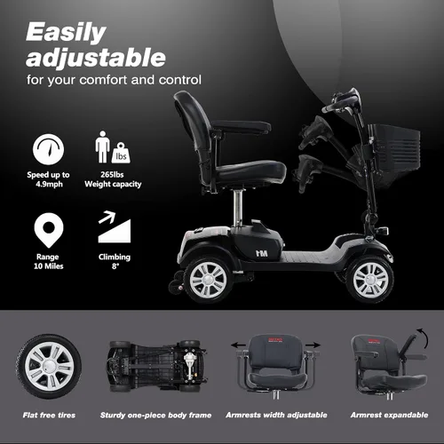Vista 4 de Metro Mobility Scooter, scooter de movilidad de 4 ruedas para adultos/personas mayores, capacidad de 300 libras, con cargador y 2 baterías Negro