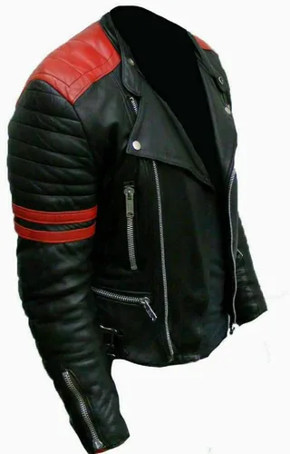 Vista 3 de Cafe Racer - Chaqueta para hombre, diseño de rayas rojas, acolchada, vintage, de cuero negro
