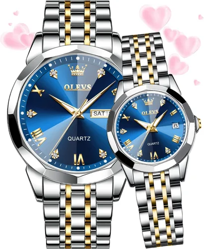 Vista 39 de OLEVS Reloj para parejas para él y ella, reloj analógico de cuarzo para hombres y mujeres, de acero inoxidable, impermeable, luminoso, fecha, reloj