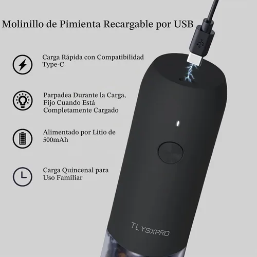 Vista 5 de Juego de molinillo eléctrico de sal y pimienta, recargable por USB, molinillo automático de sal y pimienta con molienda ajustable, saleros Negro