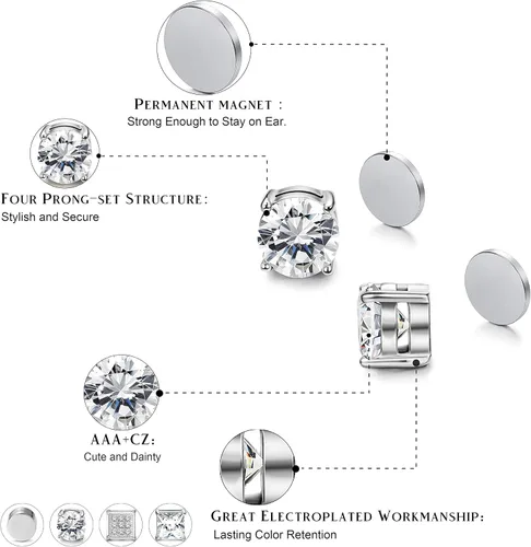 Vista 2 de Jstyle Juego de 4 pares de aretes magnéticos de acero inoxidable para hombres y mujeres tono plateado circonia cúbica sin piercing 0236-0315in