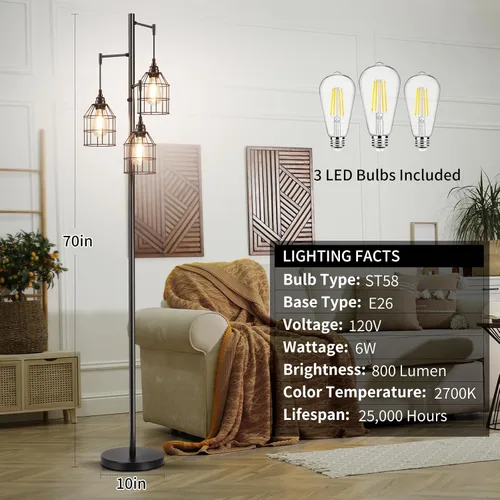 Vista 5 de Sucolite Lámpara de Pie Regulable de 70" para Sala de Estar, Lámpara de Pie Industrial de Árbol de 3 Luces Negra con Jaulas, Lámpara de Pie Alta