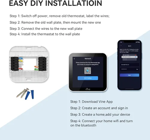 Vista 3 de Vine Termostato inteligente programable TJ-560 de 4 pulgadas con pantalla táctil completa para el hogar con control de aplicaciones, ahorro