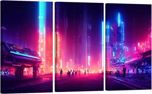 Vista 56 de Lienzo decorativo para pared, diseño de ciudad futurista Cyberpunk para sala de estar, impresión multipanel, obra de arte de cocina, pintura