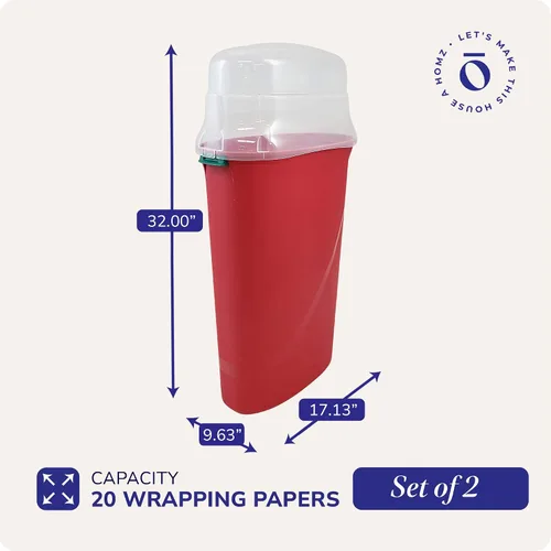 Vista 4 de HOMZ Paquete de 2 organizadores verticales de plástico para envolver regalos, color rojo y transparente, contenedores de papel para regalos