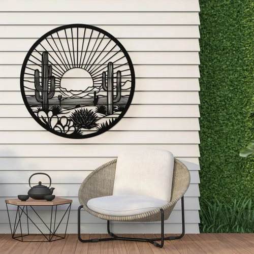 Vista 8 de Arte de pared de metal de cactus del desierto, decoración de pared redonda del desierto con diseño de cactus y puesta de sol, arte de pared de metal