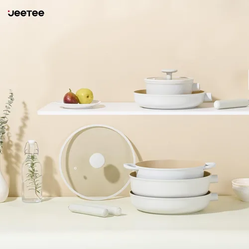 Vista 7 de JEETEE Juego de utensilios de cocina de cerámica, 15 ollas y sartenes antiadherentes con asas extraíbles, juego de utensilios de cocina de inducción