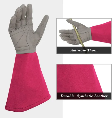 Vista 2 de Rose Pruning Gloves with Forearm Protection, Thorn Resistant Embroidery Design with Extra Long Cuff for Gardening and Pruning Tasks Rosa rojo