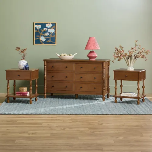 Vista 2 de Walker Edison Vivienne EZ Assembly - Mesitas de noche de madera maciza con 1 cajón y cómoda de 6 cajones, 3 piezas, marrón oscuro