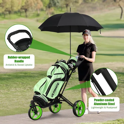 Vista 8 de GYMAX Carrito de golf plegable con rueda delantera giratoria, carrito de golf ajustable de 3 ruedas, carrito de golf compacto fácil de plegar