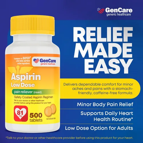 Vista 2 de GenCare - Aspirina de dosis baja de 81 mg para adultos recubiertos (AINE) 500 tabletas Dosis baja para adultos Pastillas de aspirina