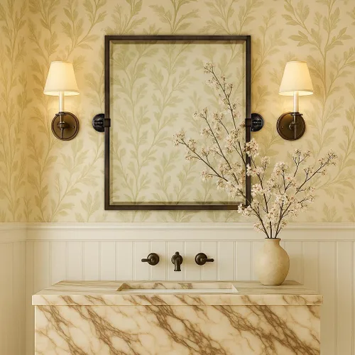 Vista 19 de Espejo rectangular de baño con marco de metal dorado cepillado, espejos de tocador biselados inclinables para pared, total 23.9 x 24 pulgadas