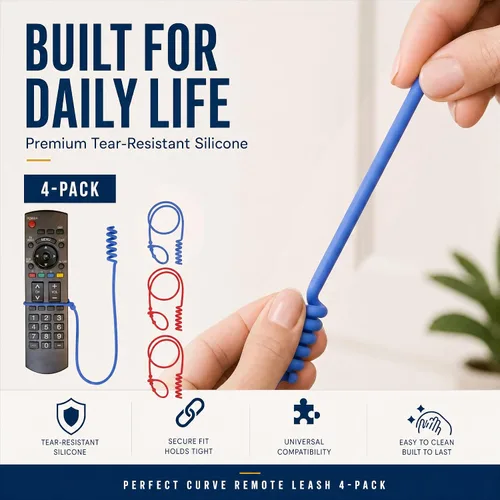 Vista 4 de Perfect Curve Paquete de 4 Correas de Silicona con Cable Remoto - Cordón Ajustable para Control Remoto de TV para Ajuste Cómodo, Nunca Pierdas tu