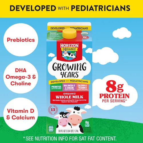 Vista 7 de Horizon Organic Growing Years - Leche entera con DHA Omega 3, medio galón, orgánico, 64 onzas líquidas