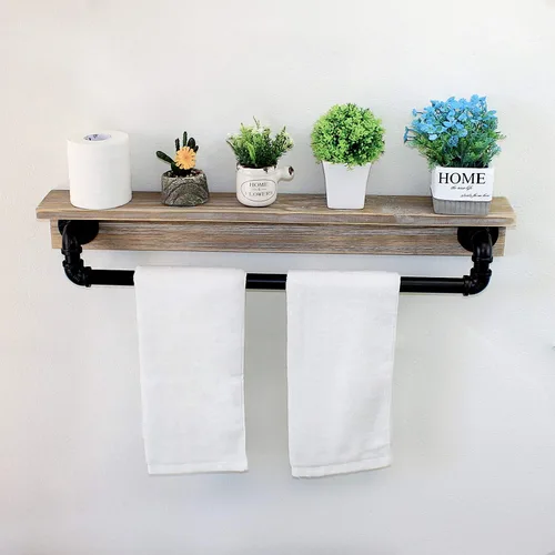 Vista 12 de MBQQ Estante de tubo industrial, estante de pared rústico con toallero, toalleros de granja de 20 pulgadas para baño, estantes flotantes montados