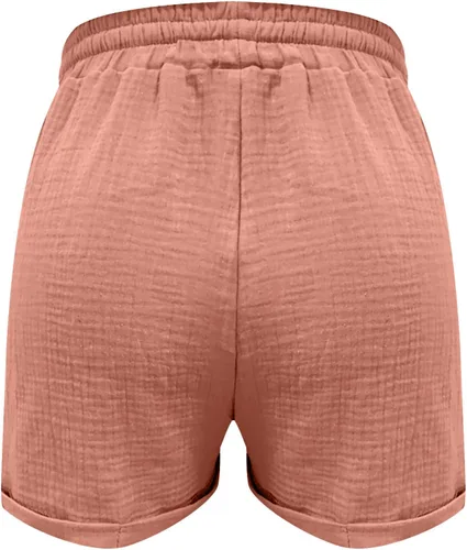 Vista 3 de PANOEGSN Pantalones cortos casuales de lino y algodón para mujer, con cordón, cómodos, cintura elástica, dobladillo enrollado, con bolsillos