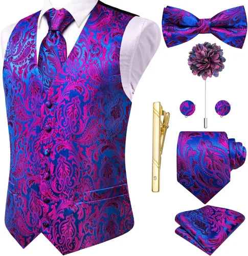 Vista 46 de Hi-Tie Chaleco de traje de seda para hombre, corbata y corbatín de solapa, clip de corbata dorado, chaleco floral de cachemira, 8 piezas, conjunto