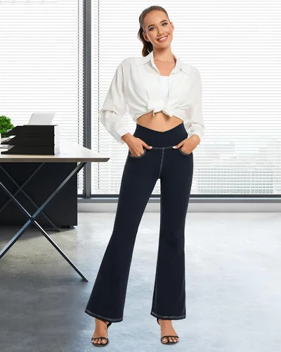 Vista 3 de G4Free Pantalones de yoga con bolsillos para mujer, leggings acampanados de 29, 31, 33 pulgadas, cintura cruzada, capri