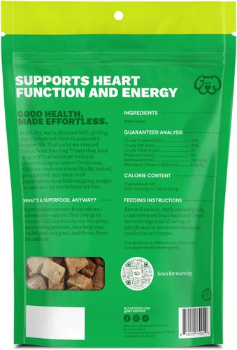 Vista 2 de Get Joy Golosinas liofilizadas 100% de corazón de res para perros, 4 onzas Carne de órgano de un solo ingrediente, complemento de comida cruda
