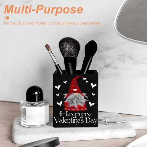 Vista 6 de Happy Valentines Day Gnome Plaid Hat Heart Pencil Holder, Leather Makeup Brush Holders Storage Desktop Organizer Desk Decor for Office School