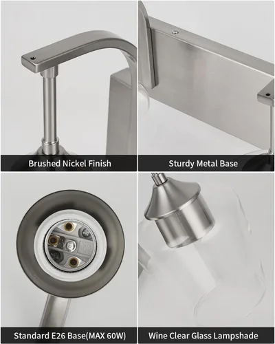 Vista 4 de foucasal Accesorios de Luz de Baño de Níquel Cepillado Luz de Tocador de Baño con Pantalla de Vidrio Transparente, 2 Luces Modernas de Pared