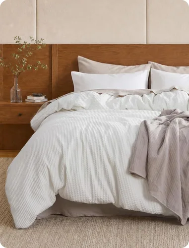 Vista 32 de Bedsure Funda de edredón de 100% algodón tamaño individual, tejido gofre, color blanco coco, GentleSoft y transpirable, juego de cama para regalo, 2