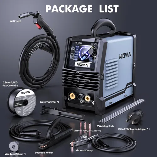 Vista 9 de Soldador MIG sin gas de 140A, Máquina de soldadura de voltaje dual 110V/220V, MIG con núcleo de fundente/Lift TIG/Stick ARC 3 en 1 Soldadores MIGVAN