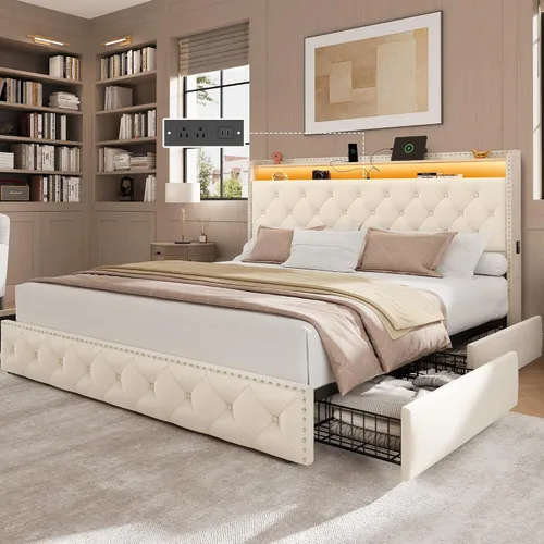 Vista 15 de LARMACE Base de cama tamaño King con 4 cajones de almacenamiento, base de cama tapizada de terciopelo, plataforma King con luces LED y estación