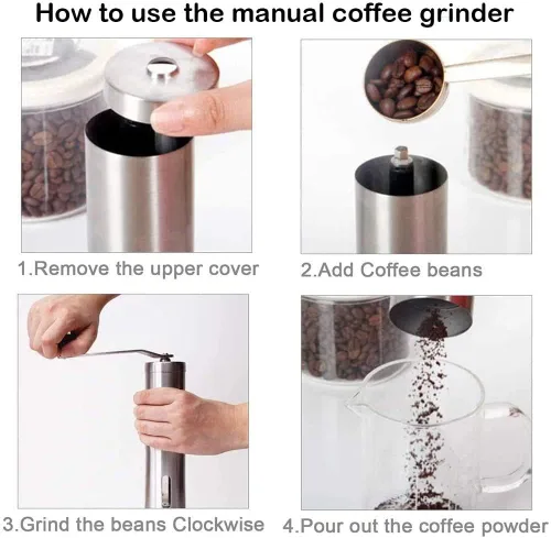 Vista 5 de Molinillo de café manual, molinillo de café portátil de mano con ajuste ajustable, molinillo de rebabas de cerámica cónica de acero inoxidable