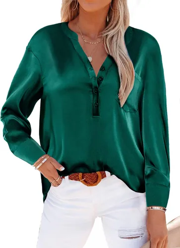Vista 2 de Beyove Blusas de satén para mujer, camisas sedosas con botones, cuello en V, manga larga, casual, sueltas, para el trabajo de la oficina