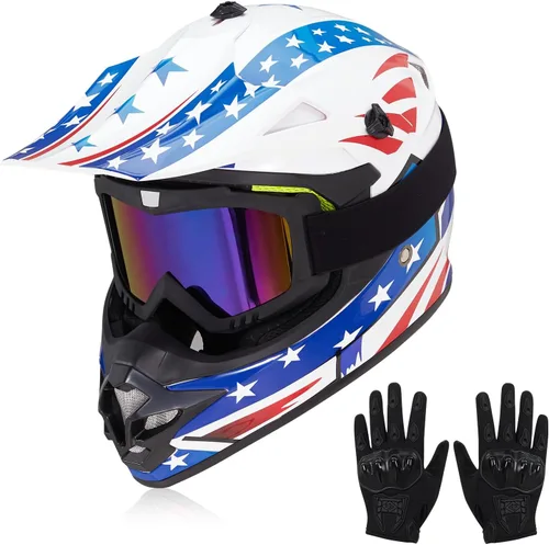 Vista 11 de cascos para niños y jóvenes de bicicleta todoterreno, motocross, ATV, BMX, MX, bicicleta todoterreno, casco de motocicleta J-01 con gafas y guantes