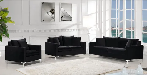 Vista 7 de Meridian Furniture Naomi Collection Modern Sofá de dos plazas tapizado de terciopelo negro contemporáneo con base de acero inoxidable en un