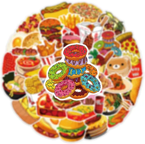 Vista 4 de Calcomanías de comida, 50 unidades, lindas calcomanías de comida rápida, chips de hamburguesa, deliciosas calcomanías estéticas impermeables