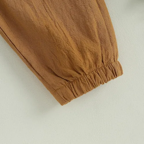 Vista 6 de Pantalones deportivos de algodón y lino para bebés, niños y niñas, elásticos, con botones básicos, estilo harén, ropa de otoño