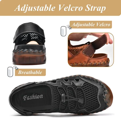Vista 4 de Qiucdzi Sandalias deportivas para hombre con puntera cerrada, sandalias deportivas de cuero hechas a mano, sandalias ajustables de pescador