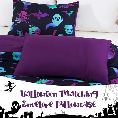 Vista 6 de Menghomeus Juego de ropa de cama de Halloween, tamaño King, color negro, juego de funda de edredón con diseño de calabaza y fantasma de dibujos