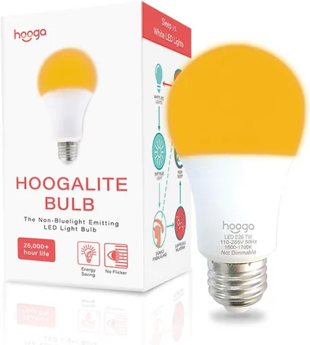 Vista 4 de hooga Bombilla para dormir, bombillas ámbar para terapia del sueño, bloqueo de luz azul, bombillas tenues de 1600 K equivalentes a 7 W, luz calmante