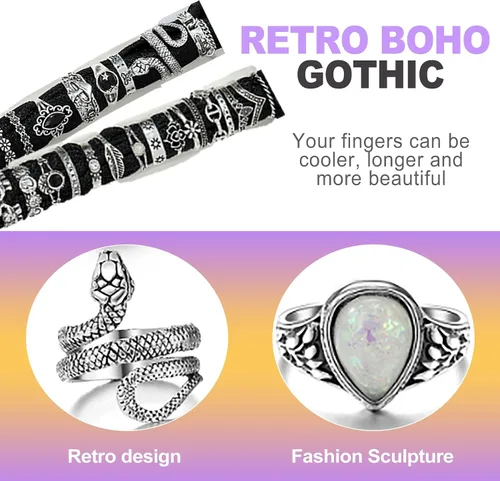 Vista 4 de 42 piezas de juego de anillos de nudillo vintage de plata, anillos góticos alternativos geniales, punk, para mujeres, hombres, anillos ajustables