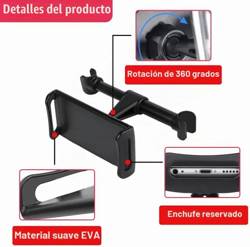 Vista 3 de Soporte para Reposacabezas de Automóvil, Universal Giratorio de 360 Grados para Tableta y Teléfono del Asiento Trasero, Soporte Ajustable