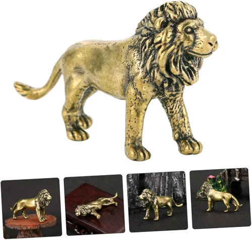 Vista 5 de 2 piezas de latón león adorno figura de león ornamento casa adornos feng shui león estatua de león té mascota prosperidad estatua guardián león