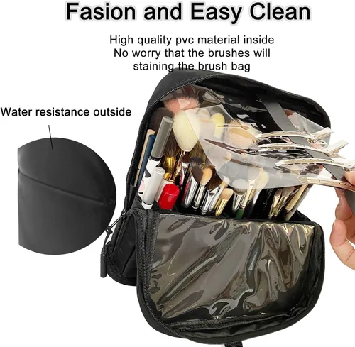 Vista 4 de Bolsa organizadora de brochas de maquillaje de viaje, soporte para brochas de maquillaje de pie con divisores ajustables, soporte para bolsa