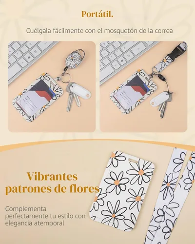 Vista 4 de Uniclife Porta credenciales deslizante floral con carrete retráctil y mosquetón con clip para cordón desmontable, protector de tarjeta vertical